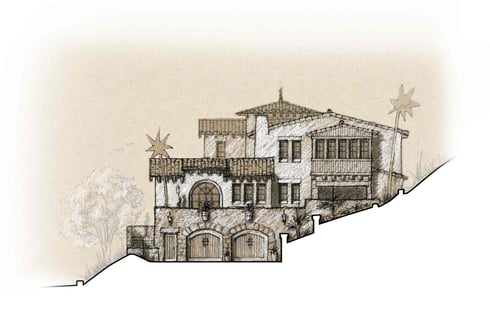 Hand-drawn architectural rendering of Santa Barbara Hacienda reflects the artistry behind traditional home design.