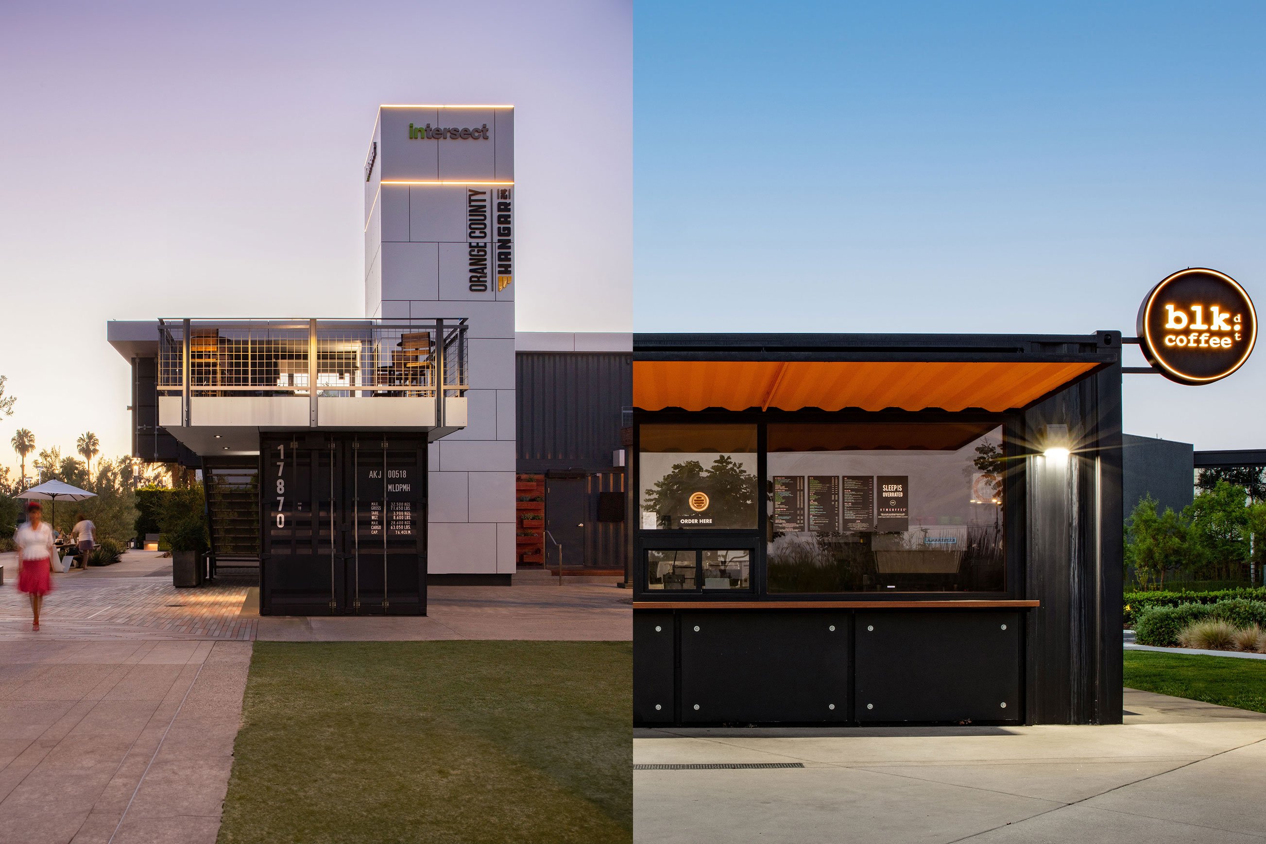 Side-by-side view of the Pavilion and VKCC coffee kiosk, two modular amenities at Intersect in Irvine, CA.