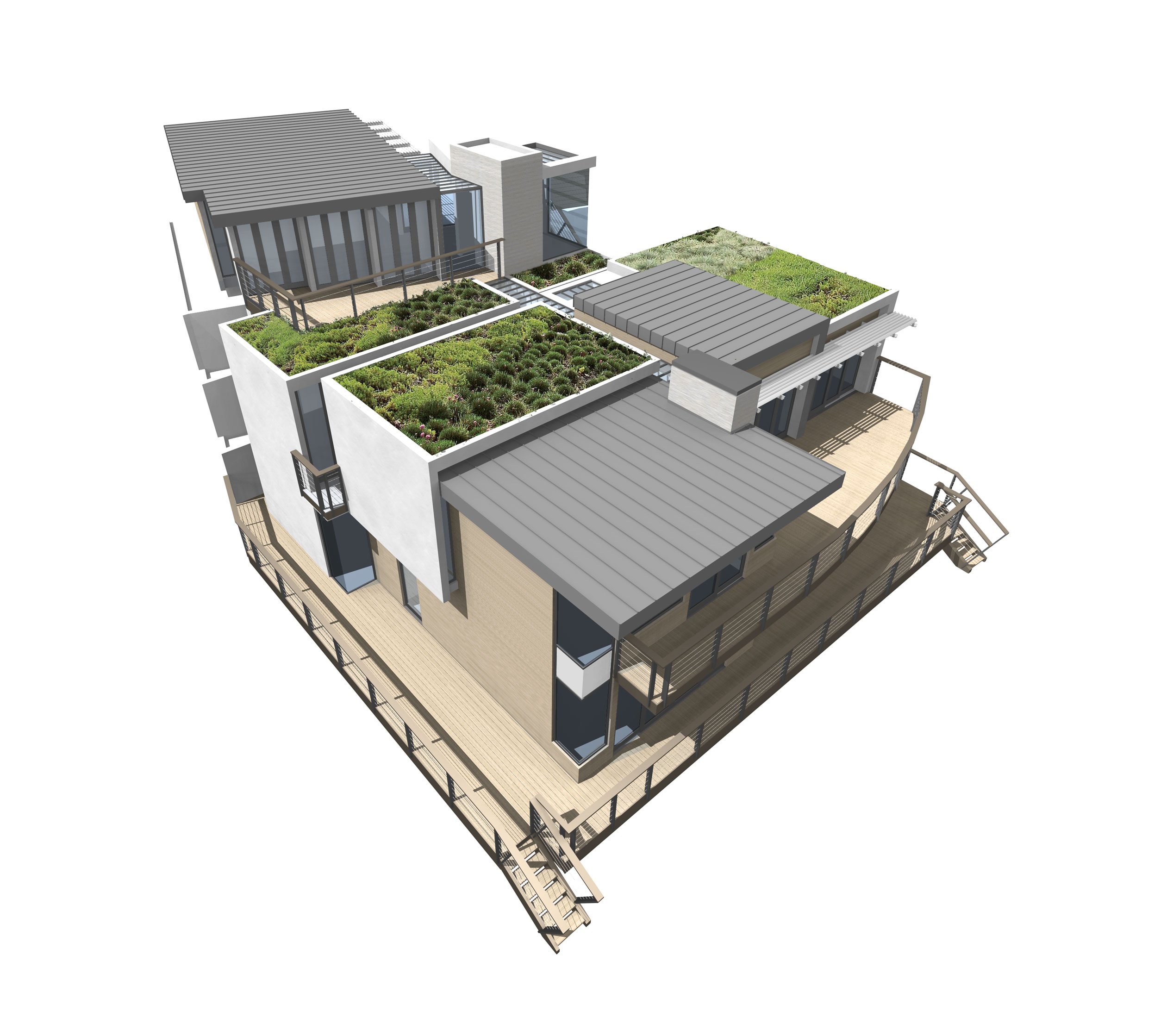 Schematic render of planted rooftop of the building. Stair tower connects the garage and driveway to the main house that sits lower.