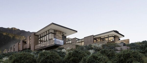 Cantilevering roofs of Toro Canyon Residence peaking over the ridge.