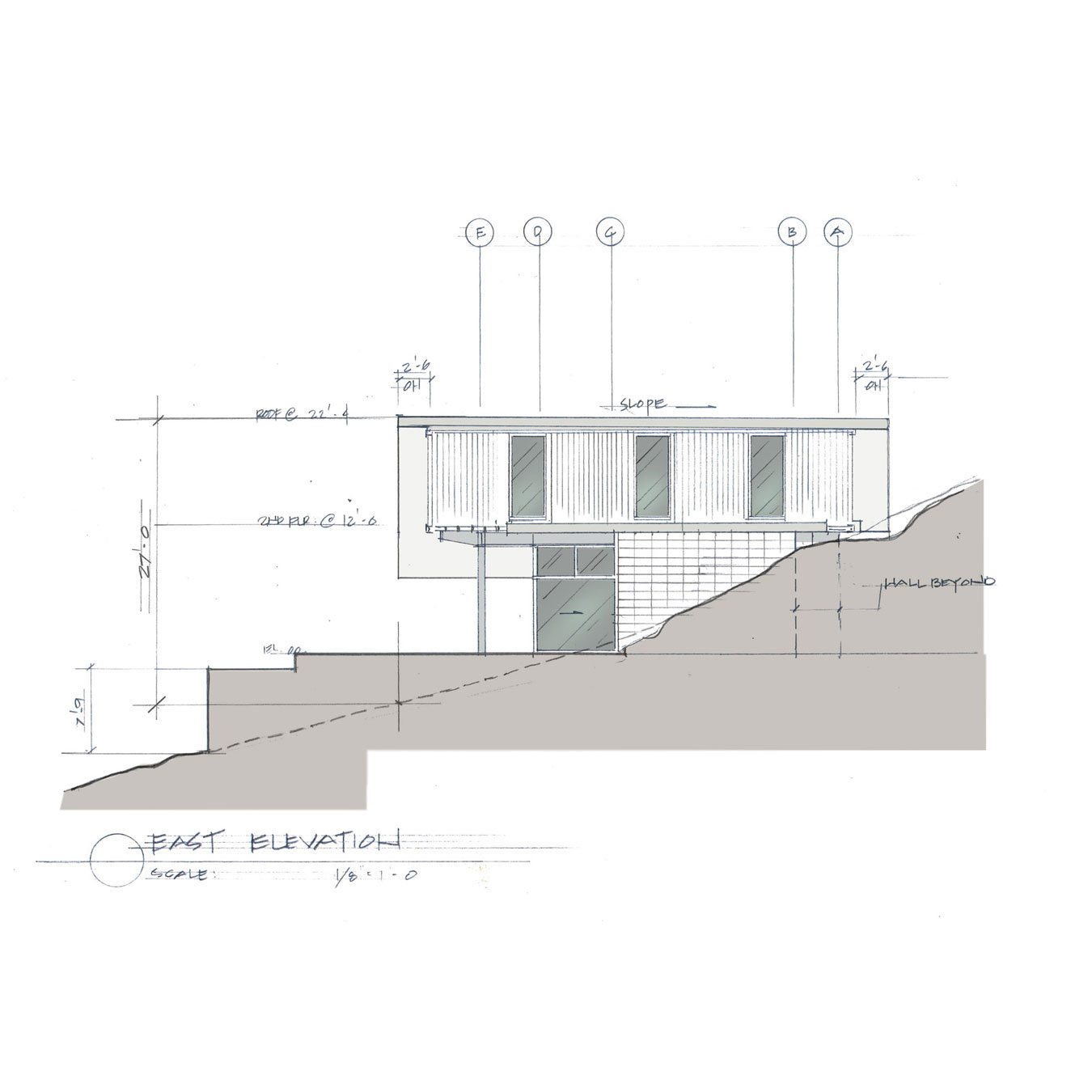 Hand drawn elevation cutting through terrain and showing garden façade of residence.